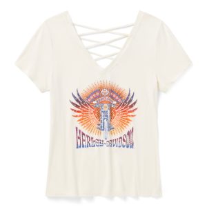 Női „Bling Sunset Ride” rövid ujjú, hátul fűzős póló